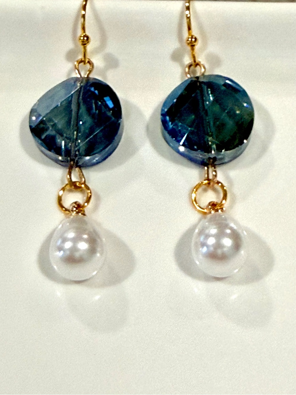 Gold Drop Earrings with Blue Crystal and White faux Pearl